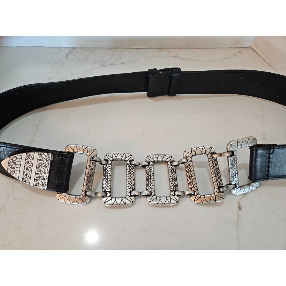 Chicos Belt Size S/M Black Leather Silver Chain Link Adjustable Slide Snap Close